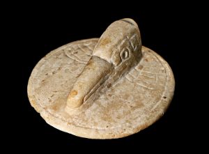 Mayan Bird Lid; Carved alabaster; Mexico; Classic Period (A.D. 400-600). University of Missouri MAC1986-0054.