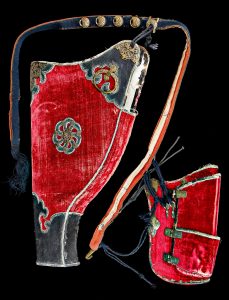 Chinese Bow Case & Quiver worn by Qing Dynasty Imperial Guard; Leather, velvet, & bronze; China; ca. Early 1800s. University of Missouri Grayson Archery Collection MAC1998-0160.