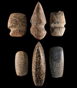 Groundstone Axes & Celts; Basalt rock; Boone County, MO; Prehistoric. Groundstone tools are produced all over by rubbing hard rocks together and changed very little over time and cultures. University of Missouri Kelso Collection.